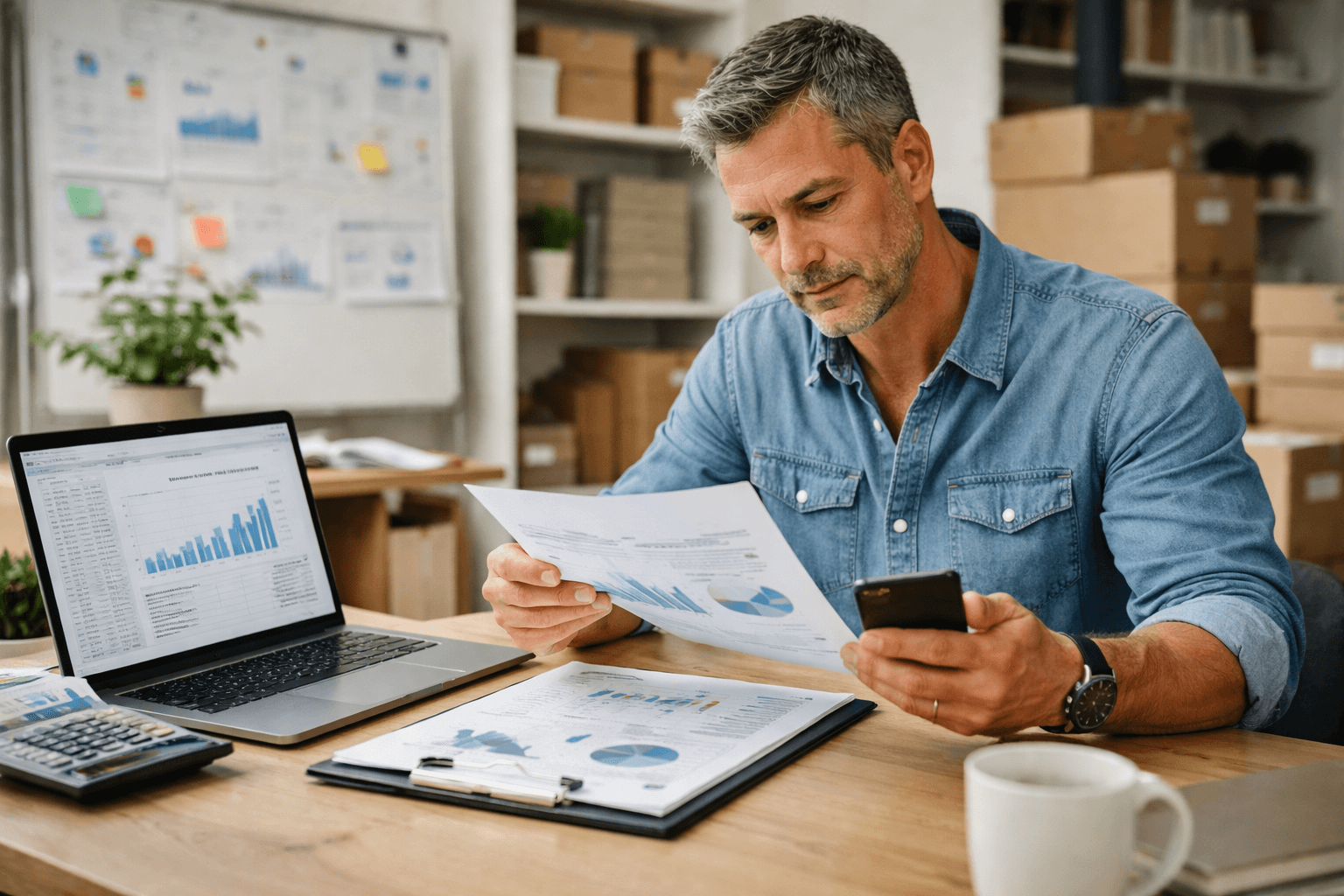 Man reviews financial charts at a desk with a laptop, documents, calculator, and coffee cup, while holding a smartphone in his other hand, illustrating the use of personalised business coaching solutions Australia in action. Boxes and charts are visible in the background.