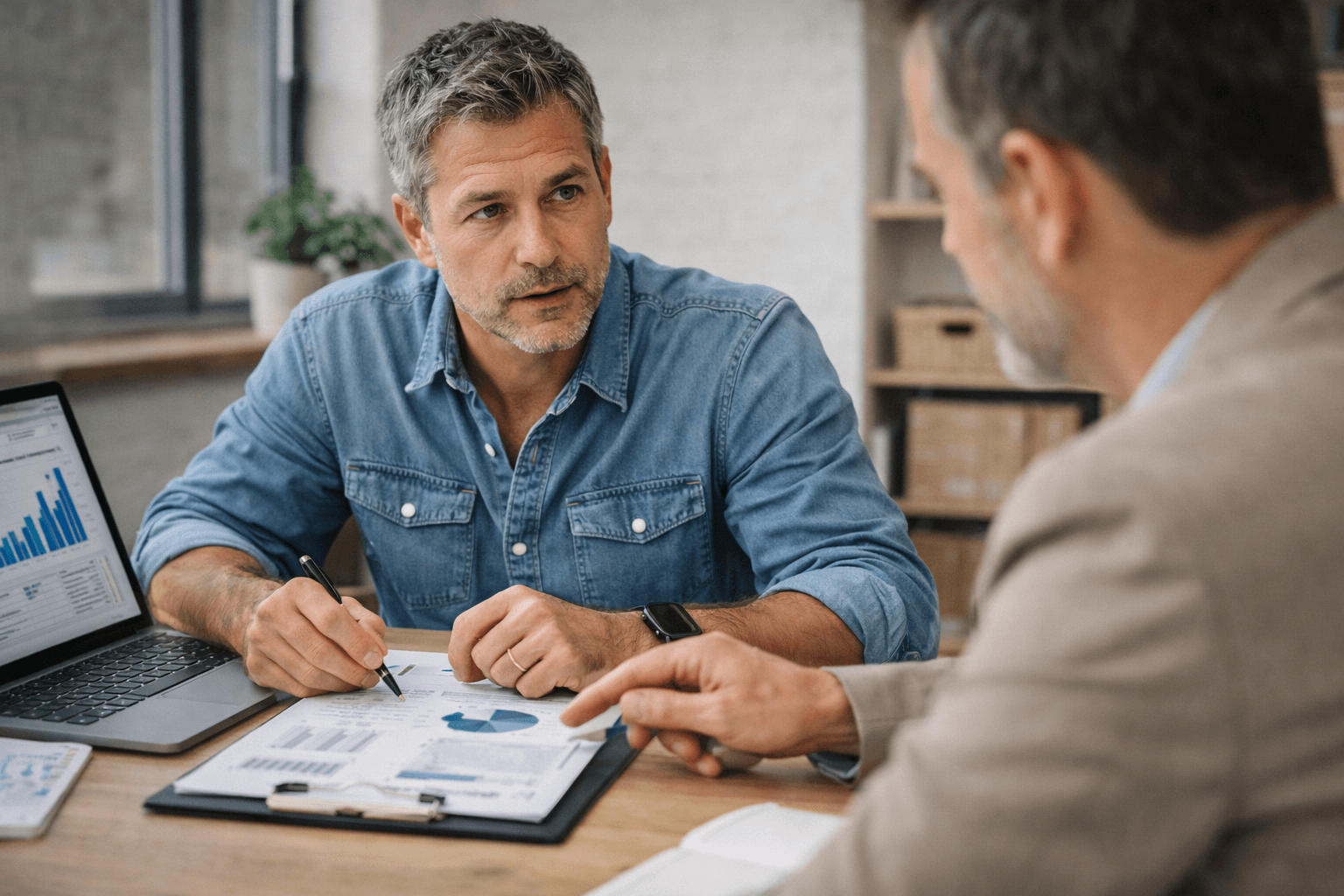 Two men sit at a desk discussing printed charts and graphs, with a laptop displaying analytics open beside them, as they review personalised business coaching solutions Australia has to offer.