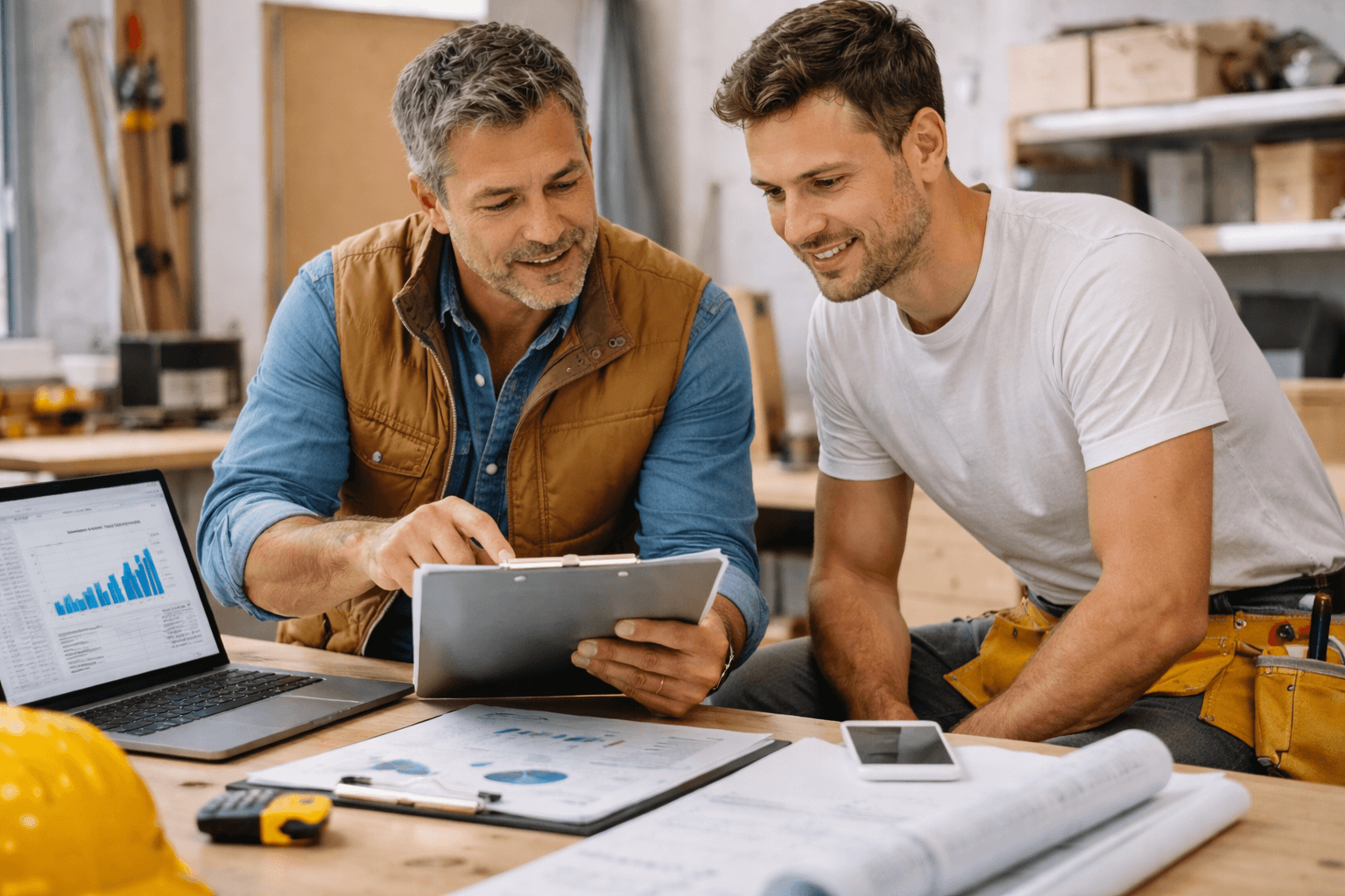 Two men in a workshop review documents on a clipboard, surrounded by construction plans, a laptop showing graphs, a smartphone, and a yellow hard hat, reflecting the benefits of personalised business coaching solutions in Australia.