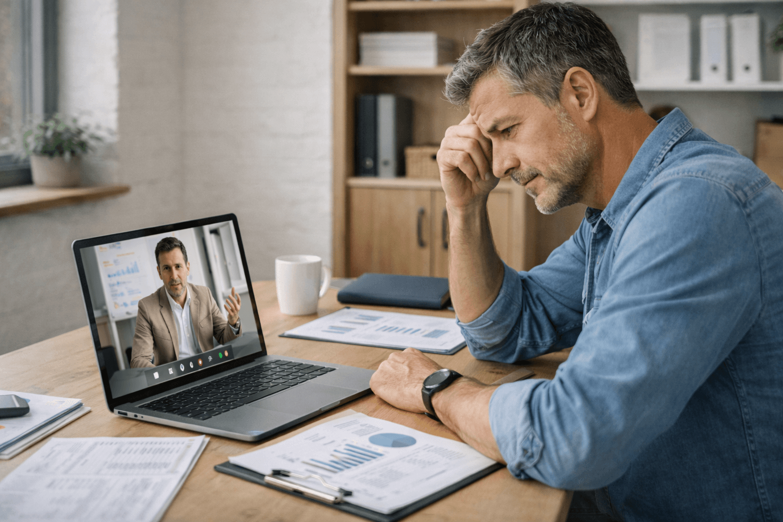 A man sits at a desk looking thoughtful while participating in a video call for personalised business coaching solutions australia; papers and charts are spread out on the desk.