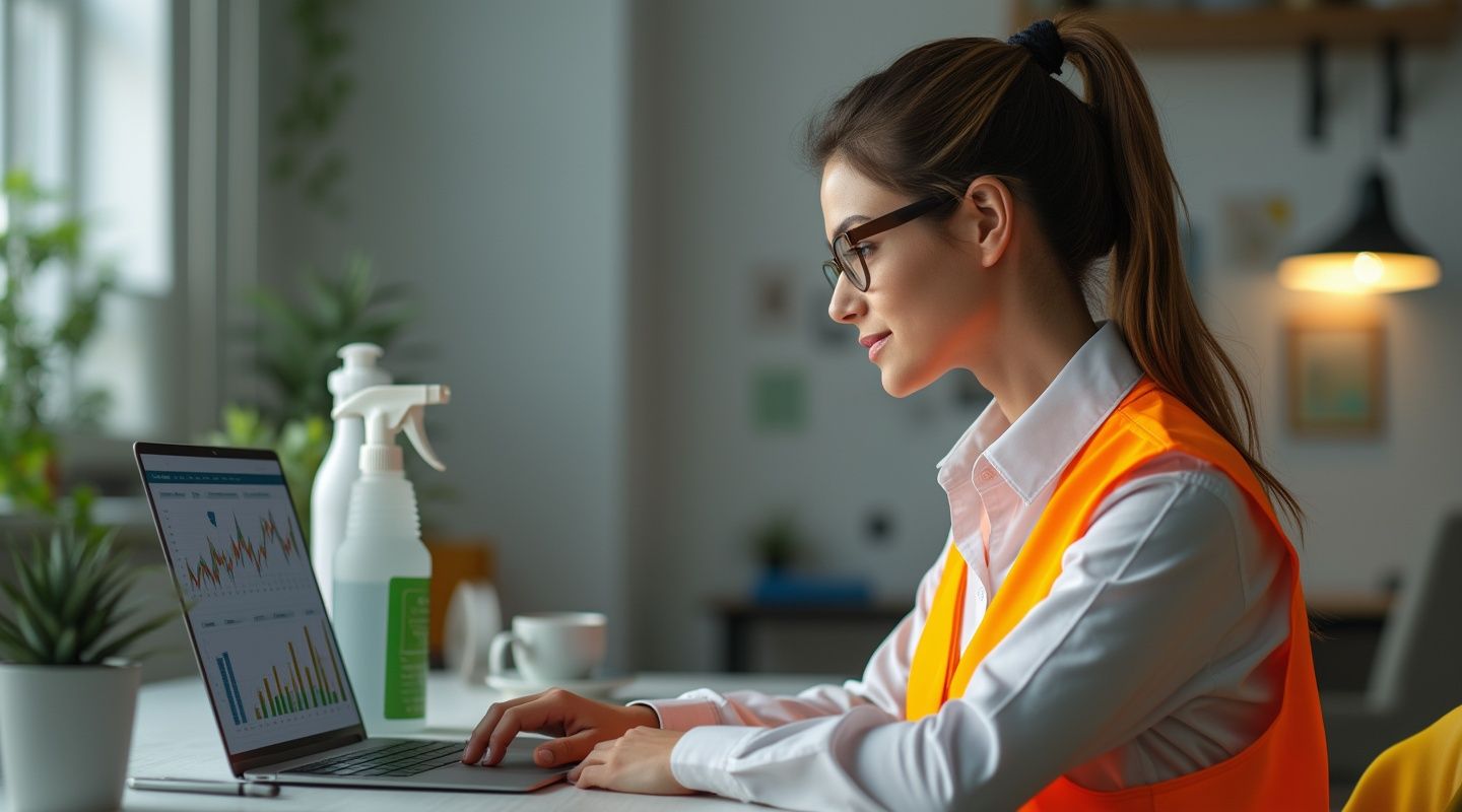 Woman in an orange safety vest works on a laptop with charts, planning strategies as a cleaning business coach, surrounded by plants and a spray bottle in her office.
