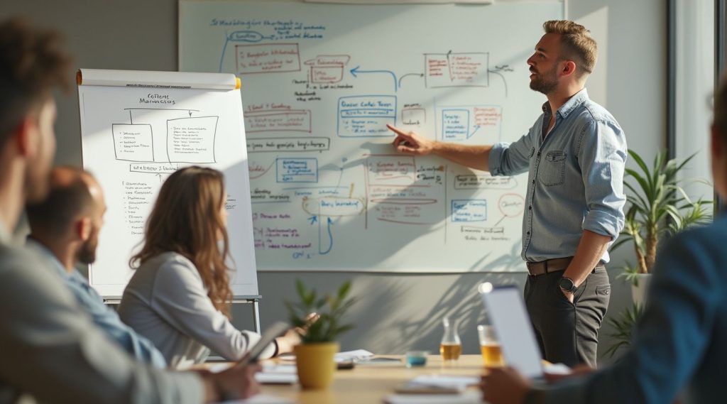 A cleaning business coach presents a flowchart on a whiteboard to a group seated around a table with notepads and drinks in the well-lit meeting room.