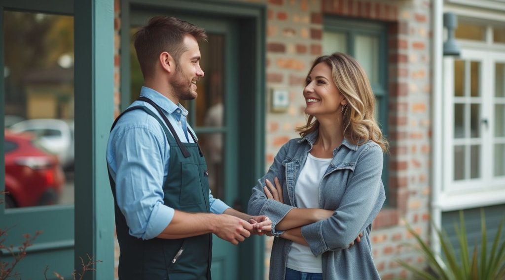 A man and a woman smile and talk outside a brick house. The man, wearing a work vest, appears to be discussing strategies as a cleaning business coach, while the woman listens intently with her arms crossed.