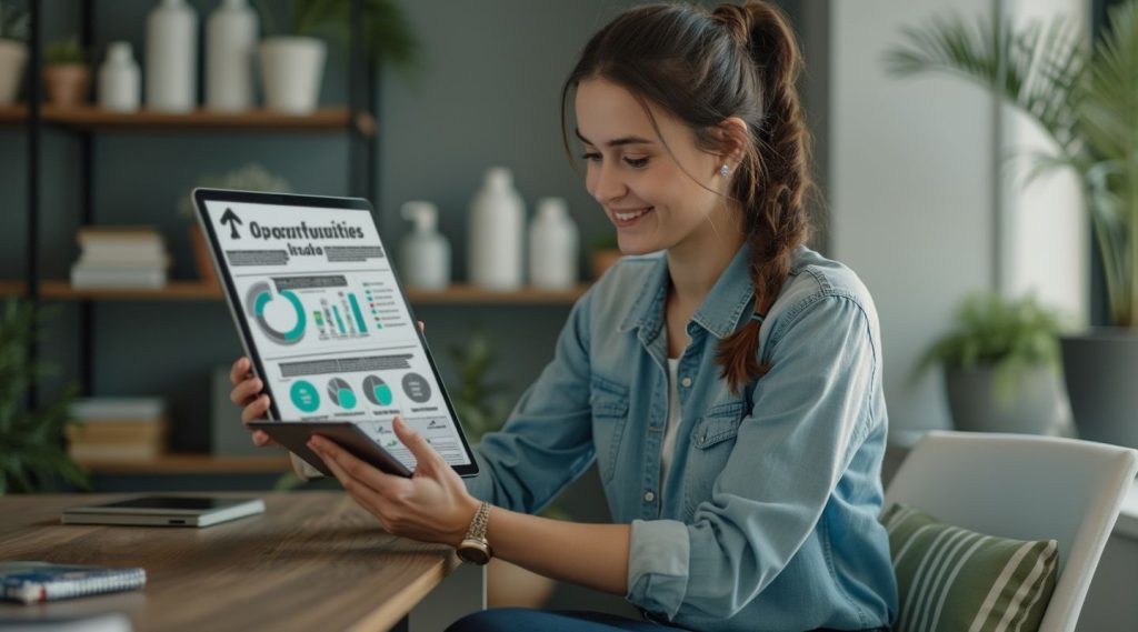 A woman is sitting at a table, intently focused on her tablet displaying graphs and charts labeled "Opportunities Index." As a cleaning business coach, she analyzes data to unlock growth potential, with a backdrop of plants and decor adding a touch of serenity.