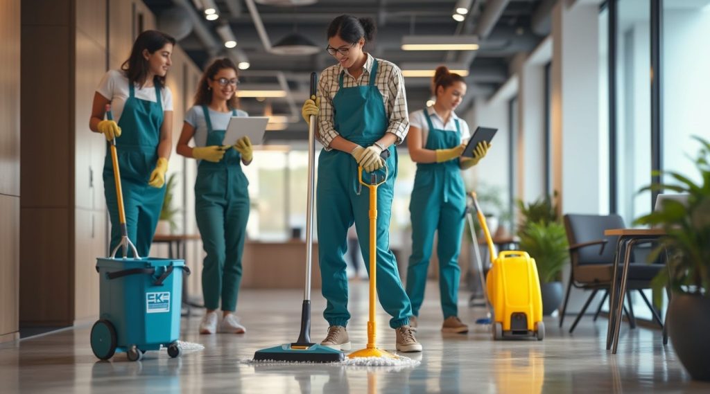 A group of four people in uniforms, guided by a cleaning business coach, diligently clean an office hallway. One is mopping, while the others skillfully manage tablets and cleaning equipment.