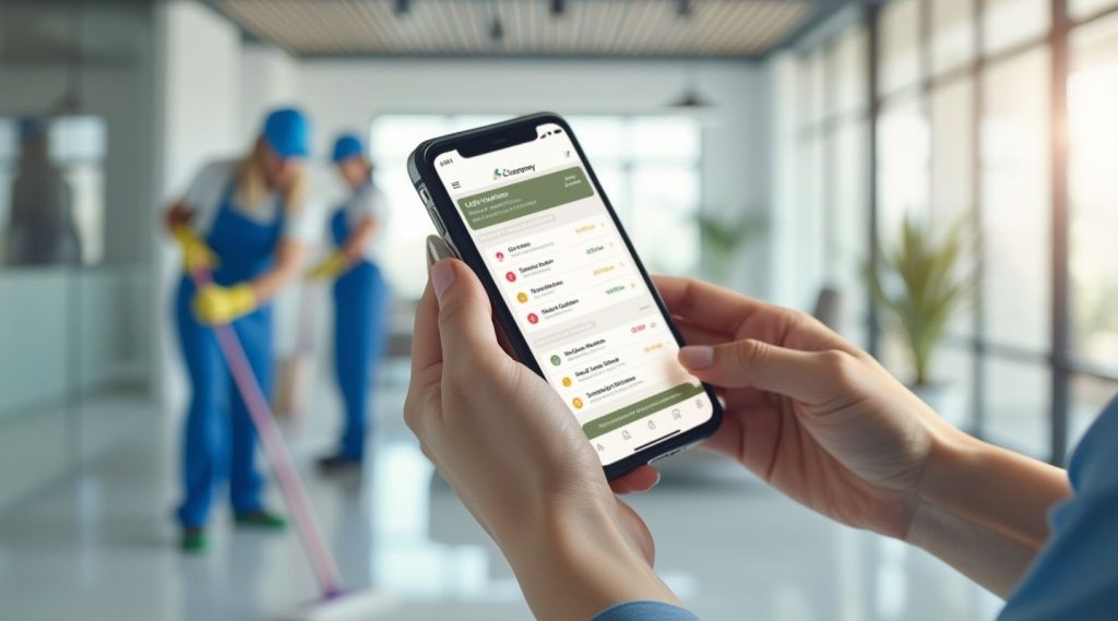 A person holds a smartphone displaying a cleaning schedule app. In the background, two workers in uniforms clean an office space, guided by insights from a cleaning business coach.
