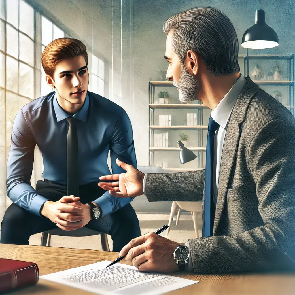 Two men in formal attire are having a discussion in an office. One is seated at a desk with documents, while the other sits across, attentively listening. A large window and bookshelf are in the background.