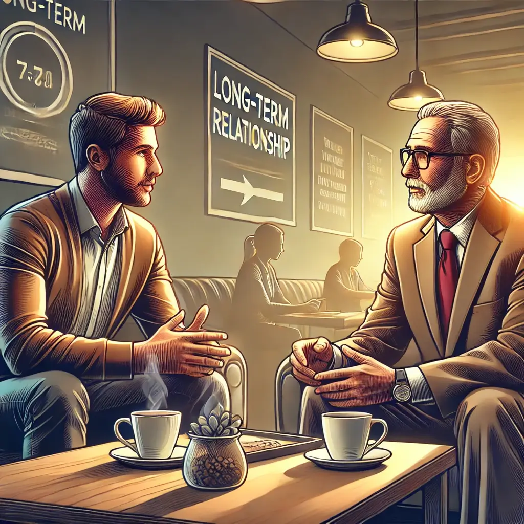 Two men sitting in a coffee shop having a serious conversation. A chalkboard in the background reads "Long-Term Relationship." Each has a cup of coffee in front of them.