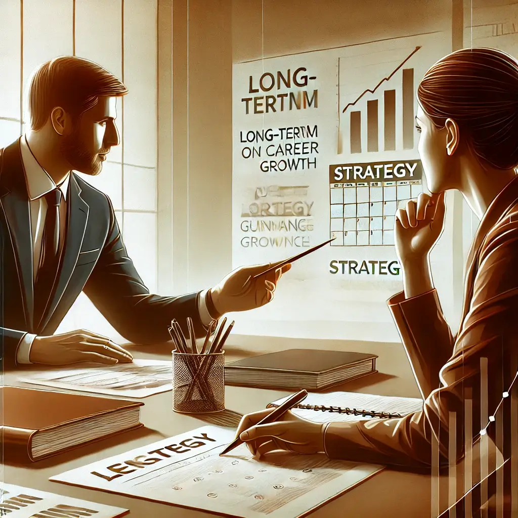 Two individuals in a business meeting, discussing charts and graphs about long-term strategy and career growth. A whiteboard displays several graphs and notes related to the discussion.