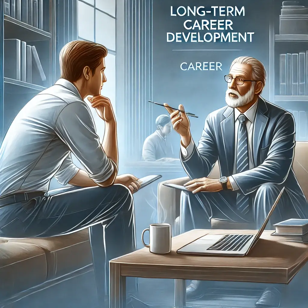 A young professional and an older mentor engage in a discussion in an office, with a "Long-Term Career Development" sign in the background and a laptop on a table in the foreground.