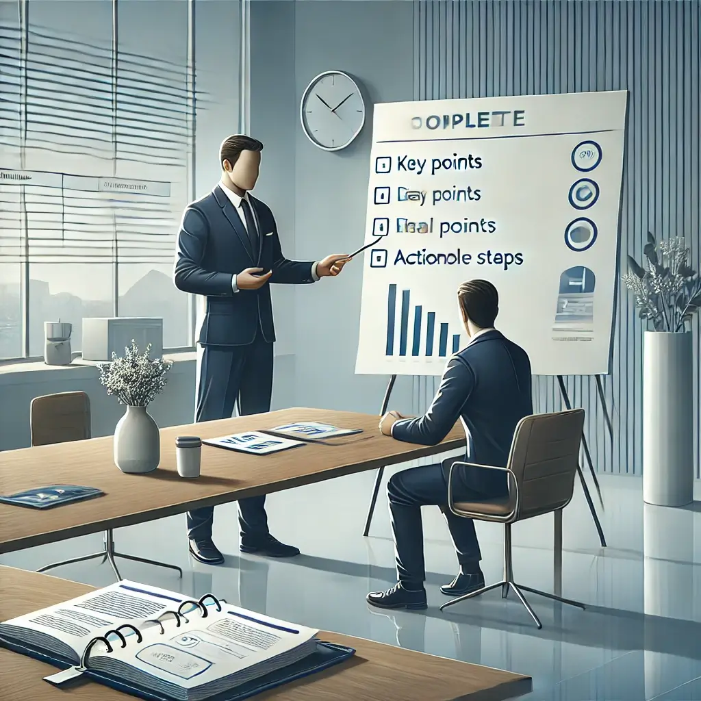 Two individuals in a modern office setting discuss a presentation. One stands pointing at a flip chart with listed key points, while the other sits at a table with documents and a laptop.