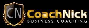 CoachNick Business Coaching logo with a gold and silver shield featuring the initials "CN" and gold text on a black background, ideal for a construction business coach in Melbourne.