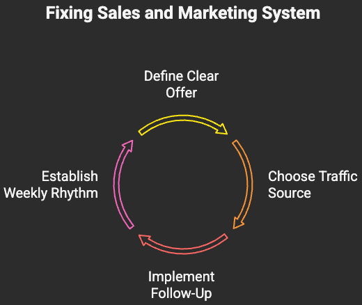 A circular flow chart titled "Fixing Sales and Marketing System" with four steps: Define Clear Offer, Choose Traffic Source, Implement Follow-Up, and Establish Weekly Rhythm.