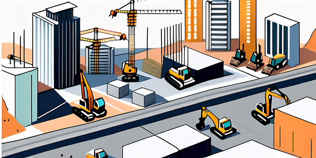 An illustration of a business coach construction site with cranes and buildings.