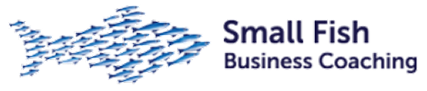 Logo showing a large fish shape made of smaller blue fish, next to the text "Small Fish Business Coaching"—ideal for those seeking a plumbing business coach in Melbourne.