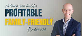 A man in business attire stands smiling beside text that reads, "Helping you build a profitable family-friendly business" with guidance from an experienced ecommerce business coach Perth.