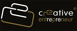 Logo with two interlocking paper clips on the left and the words "creative entrepreneur" in stylized fonts on the right, perfect for a business coach for entrepreneurs Australia. The background is black.