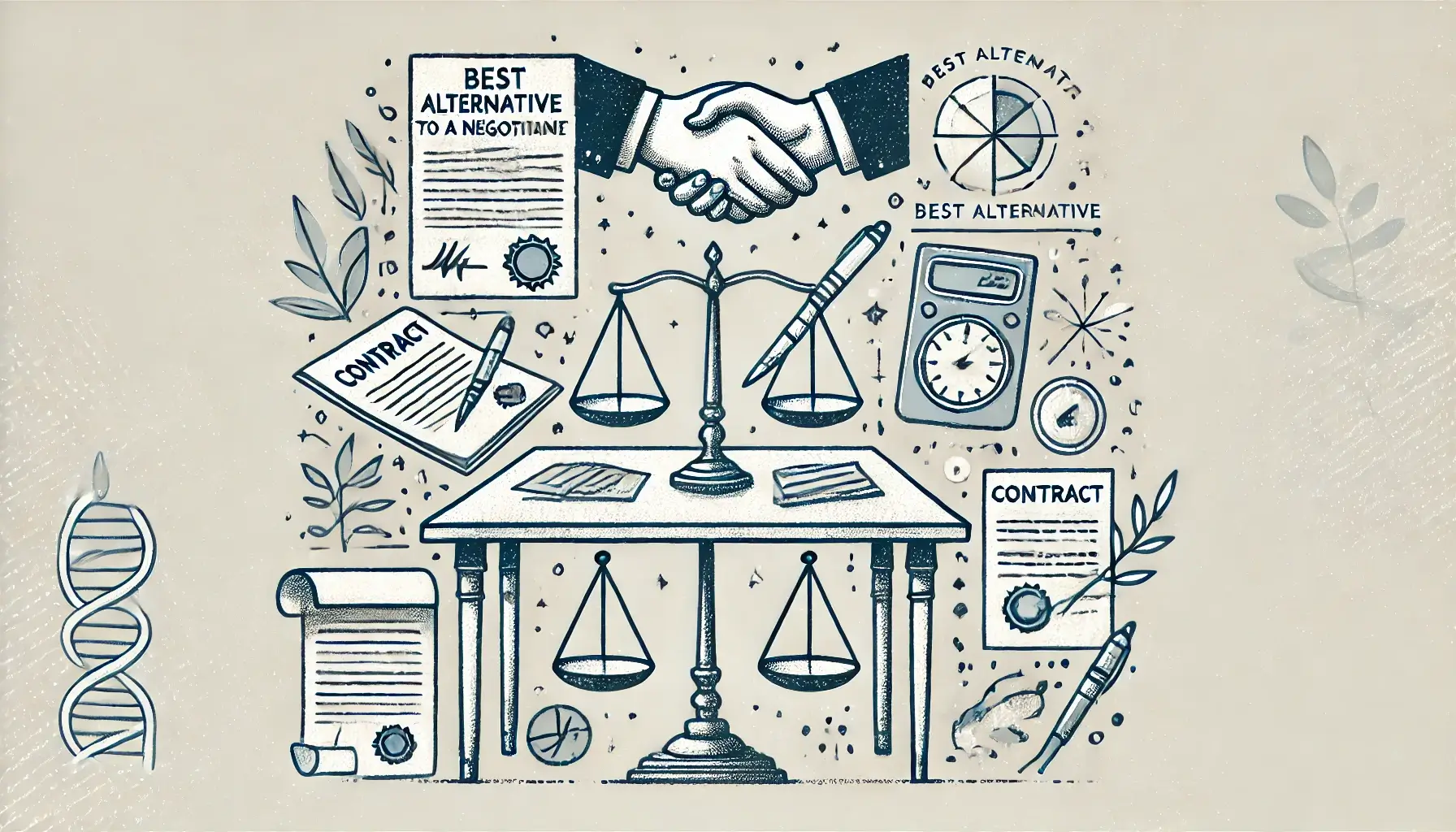 Illustration of hands shaking above a table with scales, contracts, DNA helix, calculator, and compass, symbolizing negotiation, balance, and agreement.