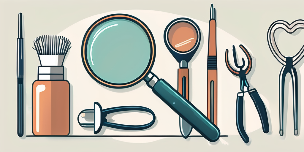 Assorted beauty, grooming, and dental business coach tools laid out on a flat surface.