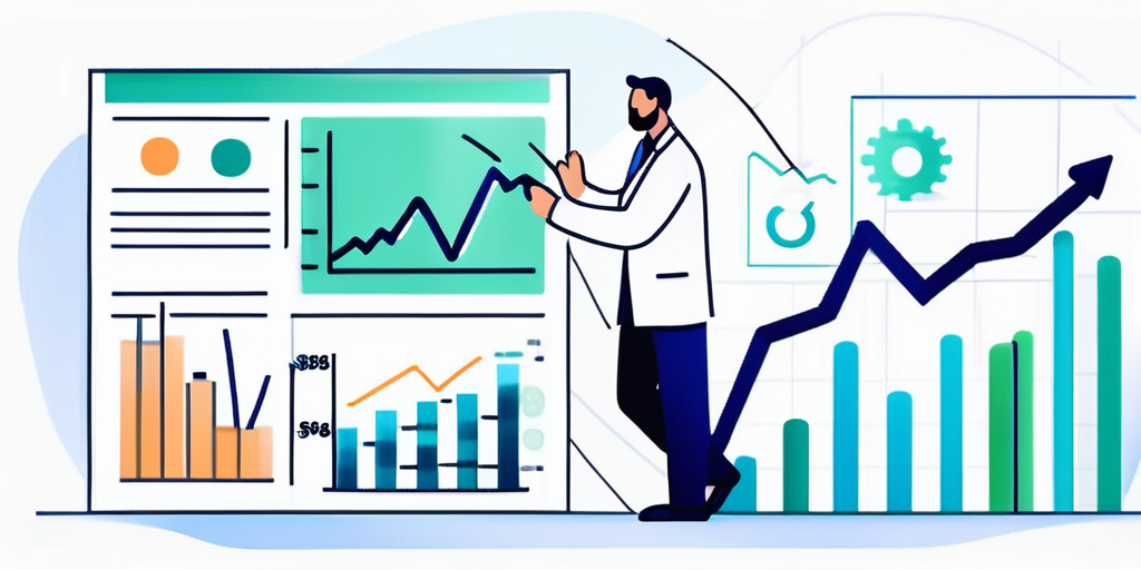 An illustrated dental business coach analyzing graphs and data trends on a large display.