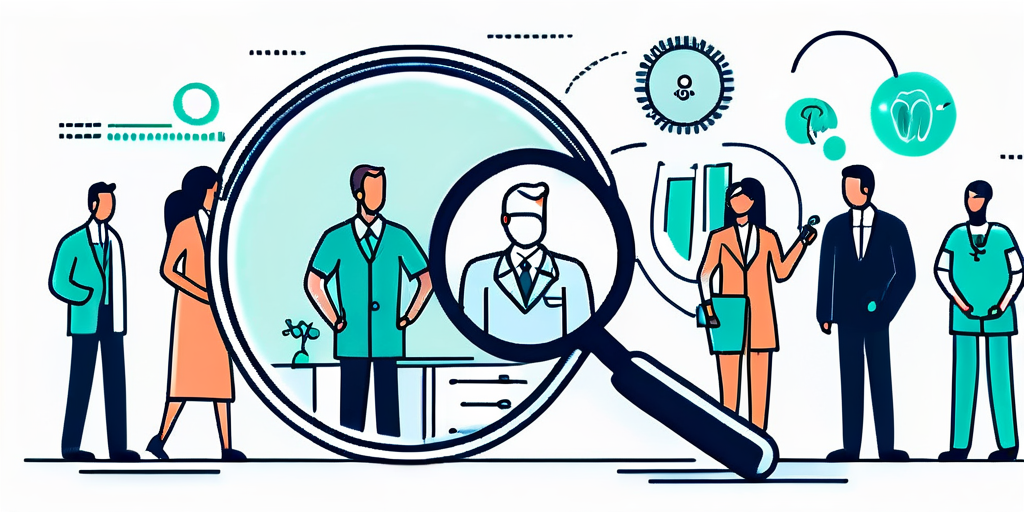 Illustration of a diverse group of dental business professionals being scrutinized through a magnifying glass.