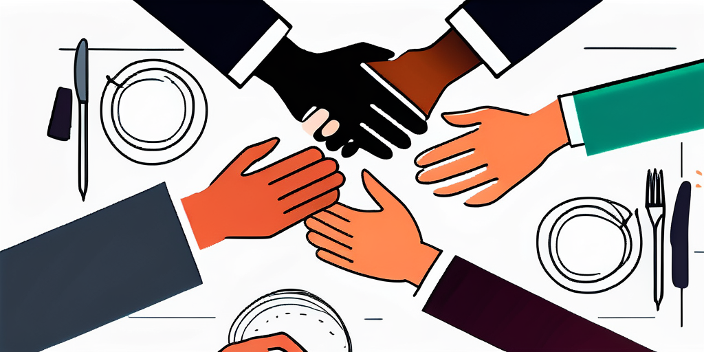 Dental business coach shaking hands with clients over a dinner table setting.