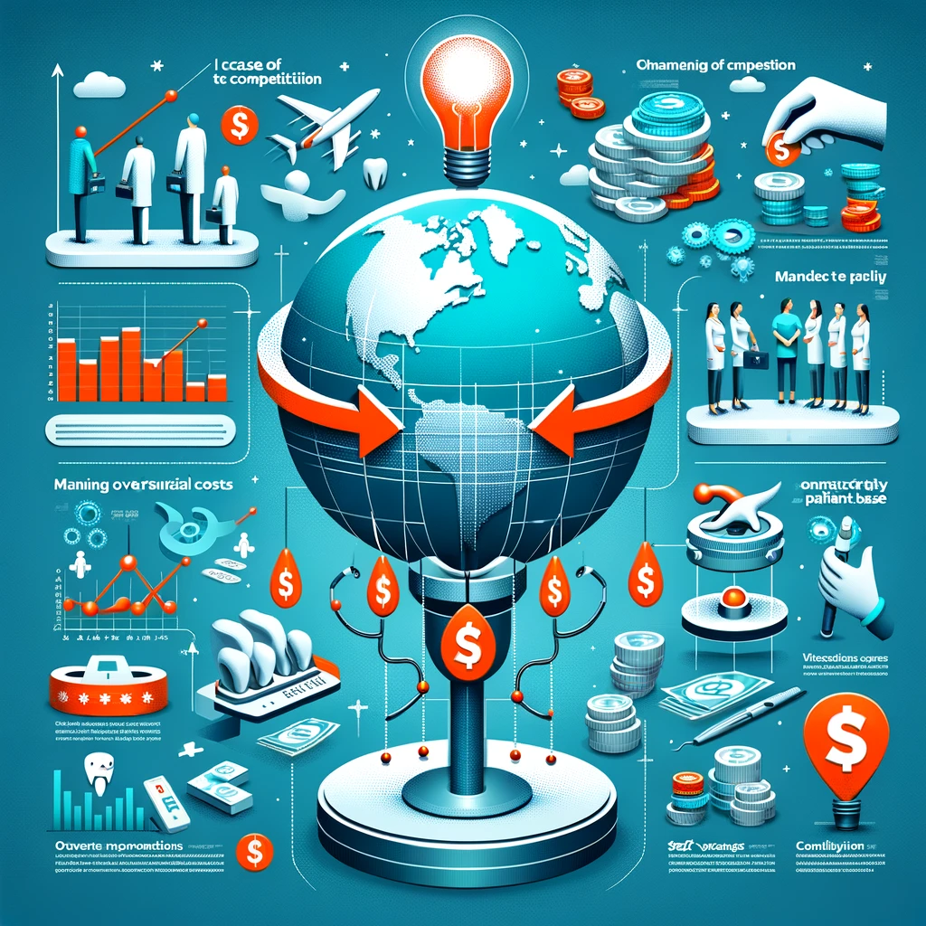 An infographic depicting various dental business and economic concepts such as competition, global markets, innovation, and financial dynamics centered around a globe with a tooth symbol.