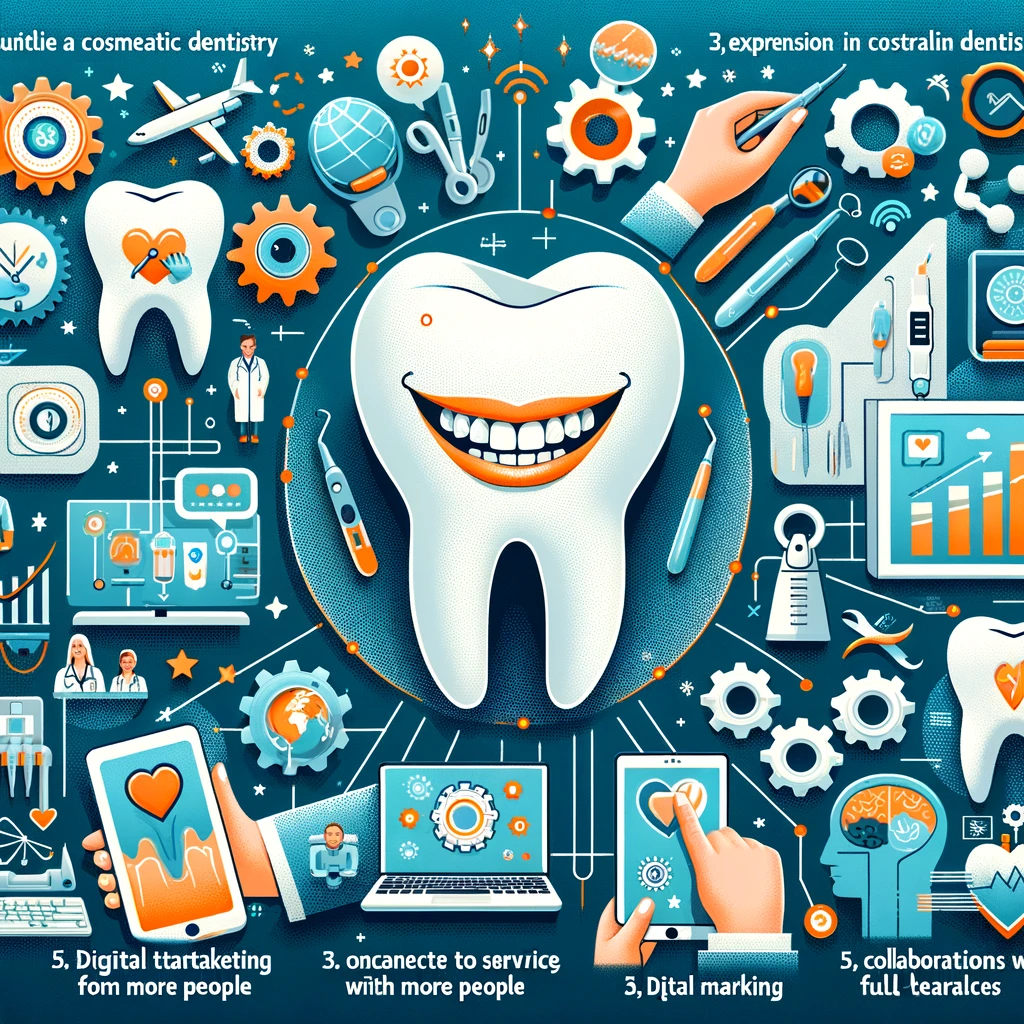 An illustrated montage of dental tools and technology centered around a happy tooth, representing various aspects of modern dentistry as advised by a dental business coach.