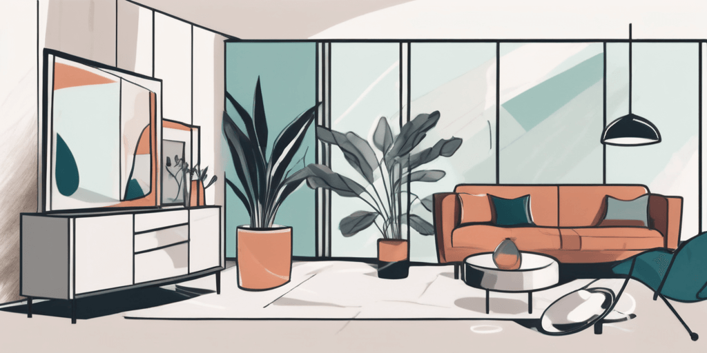 Illustration of a modern living room with large windows, a potted plant, a flatscreen TV, a light orange sofa, and an elegant black hanging lamp—perfect for showcasing savvy interior design choices.