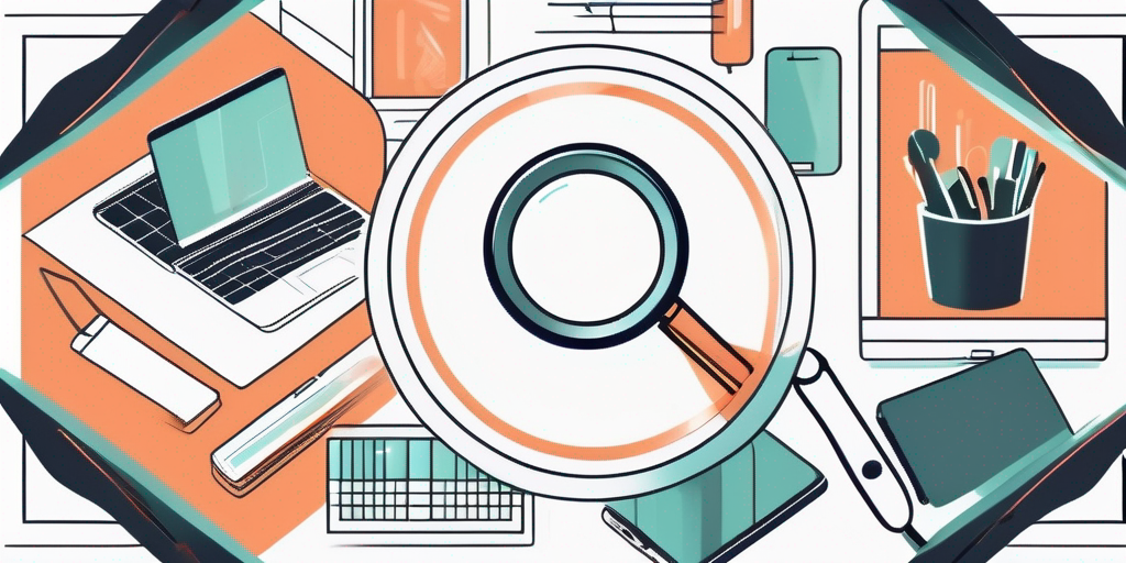 An illustration of a magnifying glass and a laptop implying a digital product coach looking into a online business
