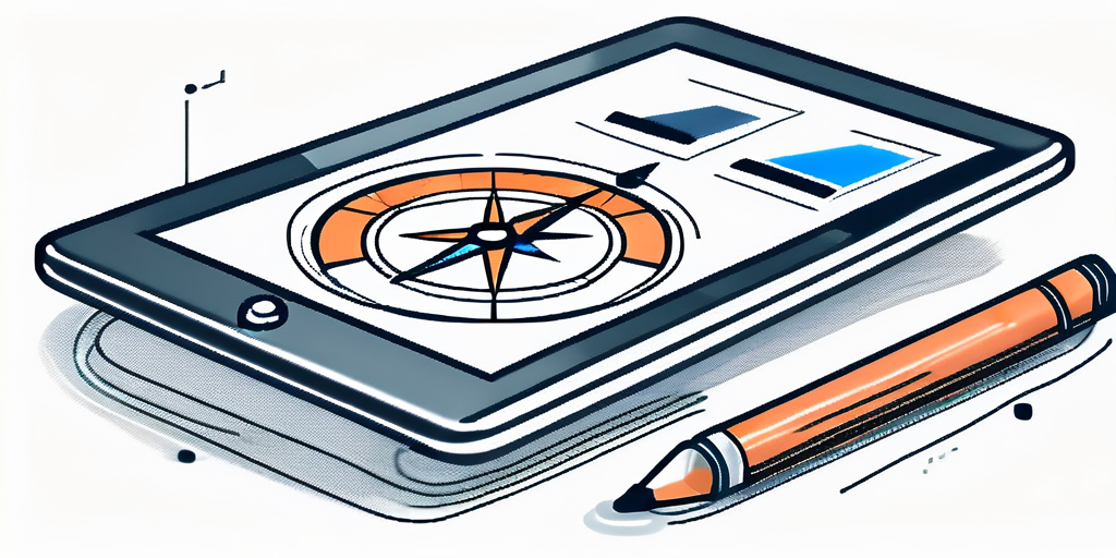 An illustration of a tablet with a compass, pen, and an ecommerce business coach.