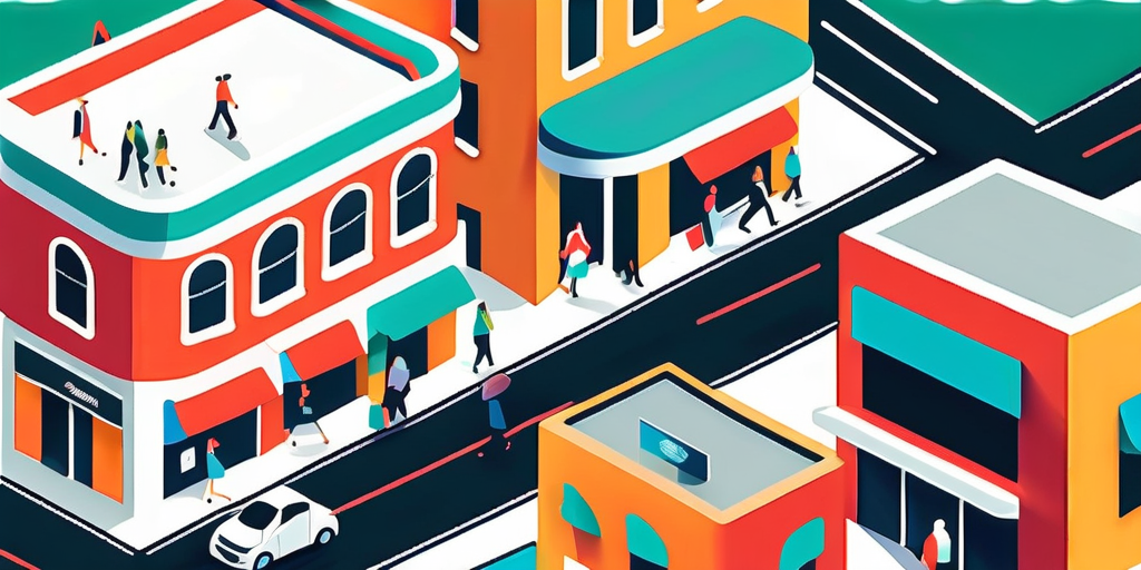An isometric image of a city with ecommerce business coaches, people, and cars.