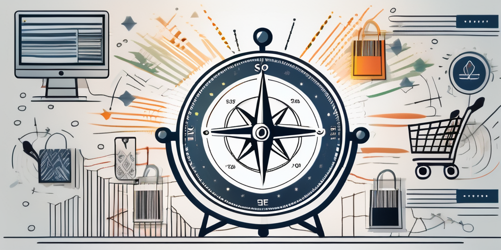 An illustration of a compass, emblematic of guidance, surrounded by various objects symbolizing the journey in ecommerce business coaching.