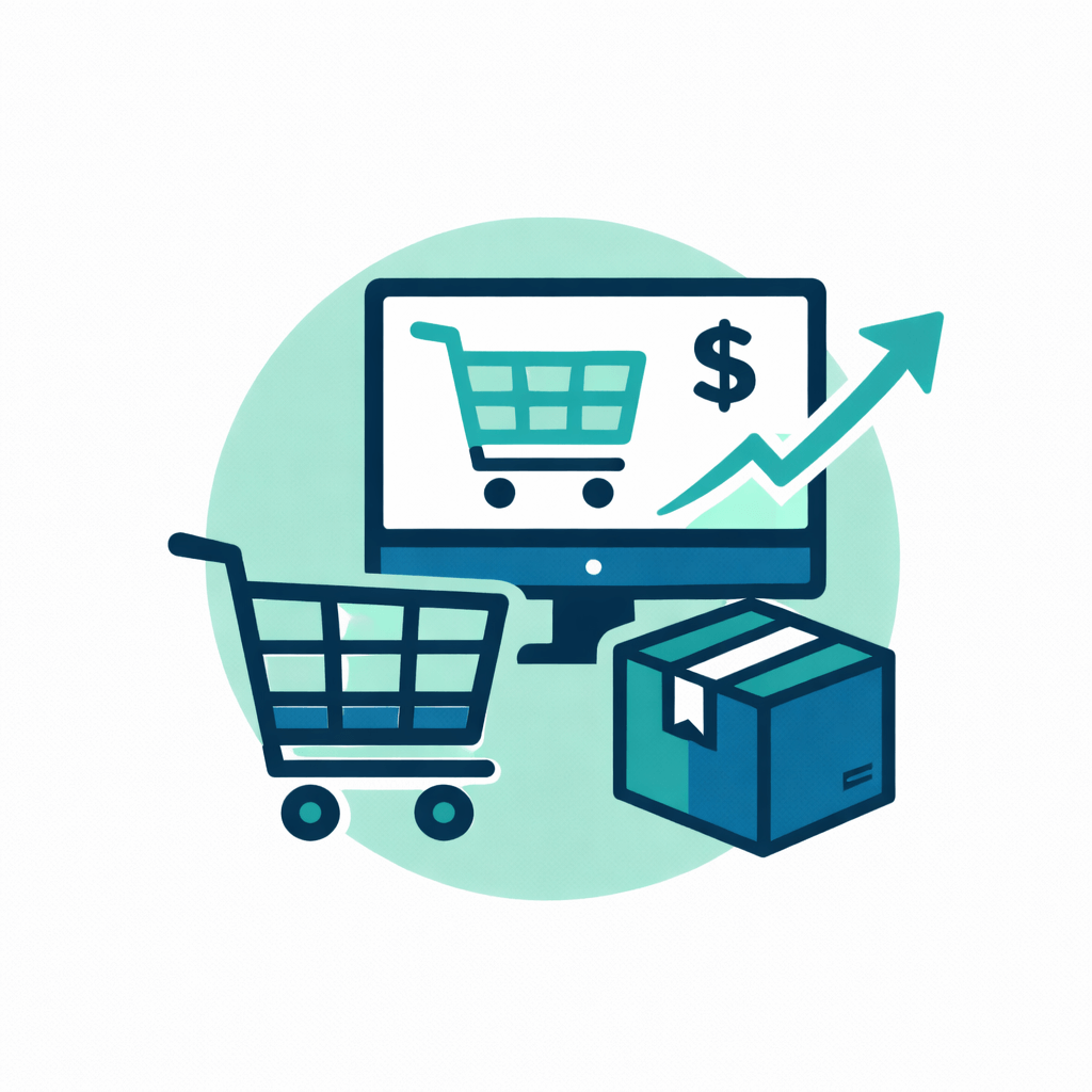 An illustration showing a shopping cart, a package, and a computer screen with a cart icon, dollar sign, and upward arrow, representing online shopping, sales growth, and the impact of business coaching on e-commerce success.