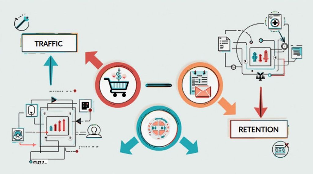 Flowchart illustrating the ecommerce equation of traffic converting to sales and retention, with arrows linking icons of shopping carts, emails, charts, and graphs.