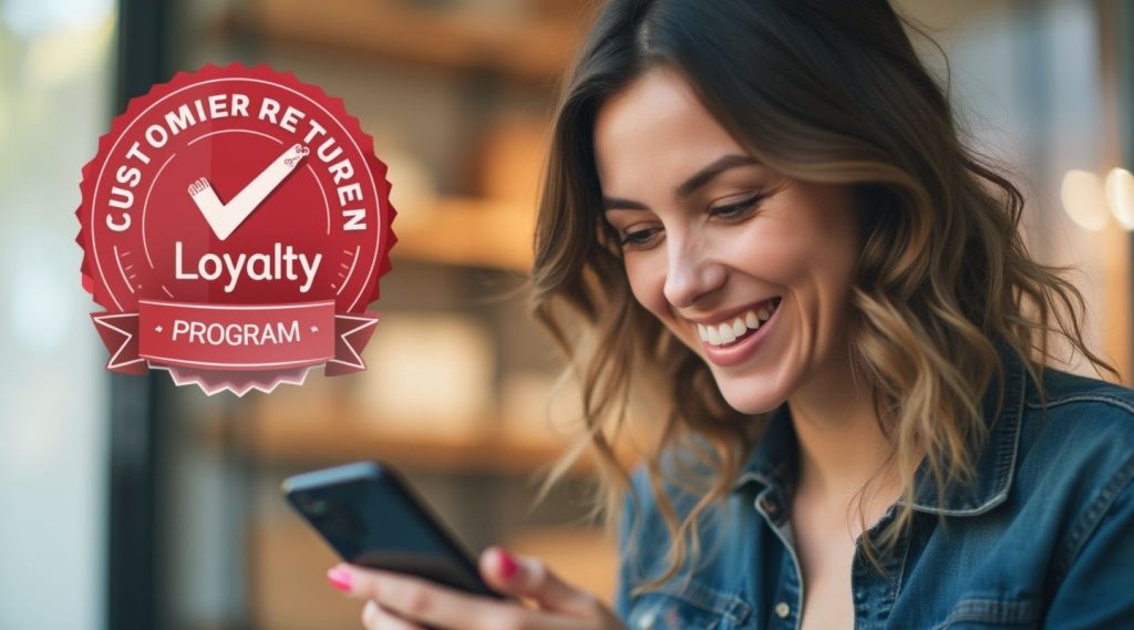 A smiling woman uses her smartphone, with a "Customer Retention Loyalty Program" badge subtly enhancing the ecommerce equation in the background.