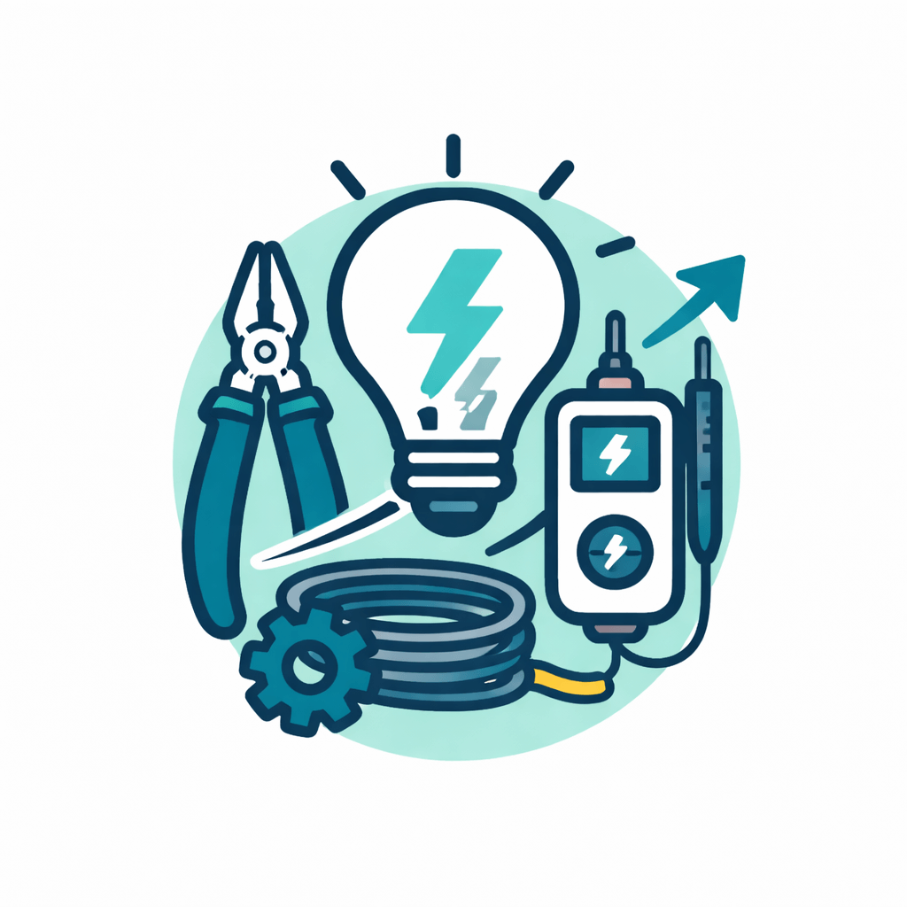 Illustration of electrician tools—including pliers, a light bulb, wire, a gear, a voltage tester, and an electric meter—arranged in front of a blue circle, symbolizing the connection between hands-on skills and effective business coaching.