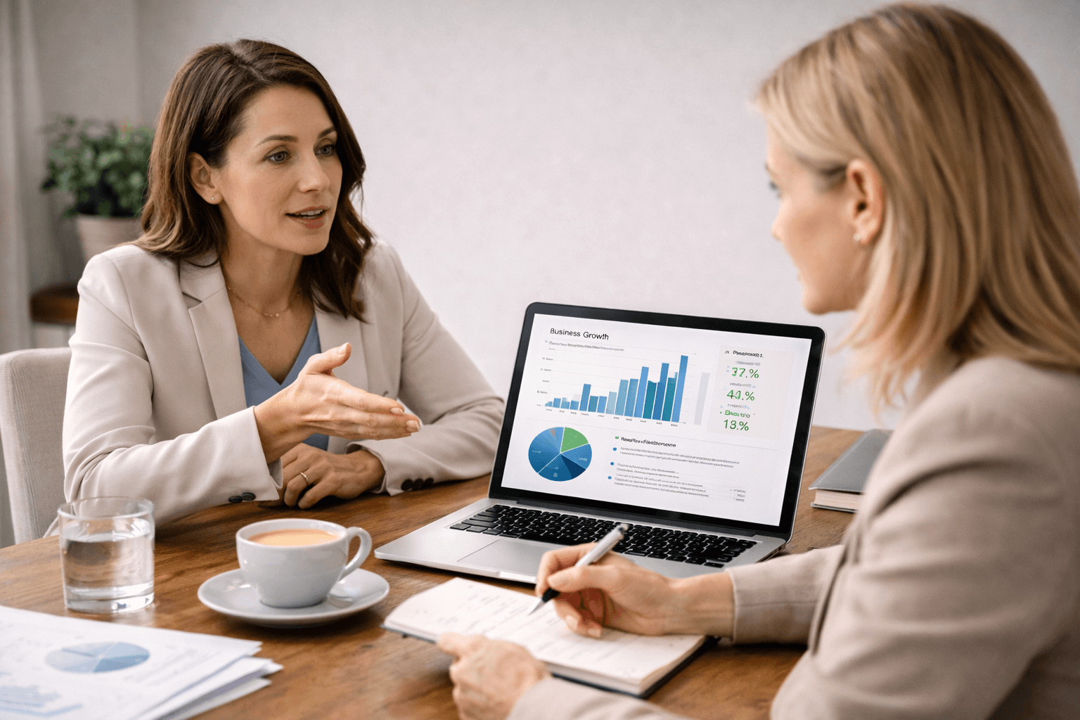 Two women sit at a table discussing business data displayed on a laptop screen, which shows bar and pie charts. One woman gestures while the other takes notes.