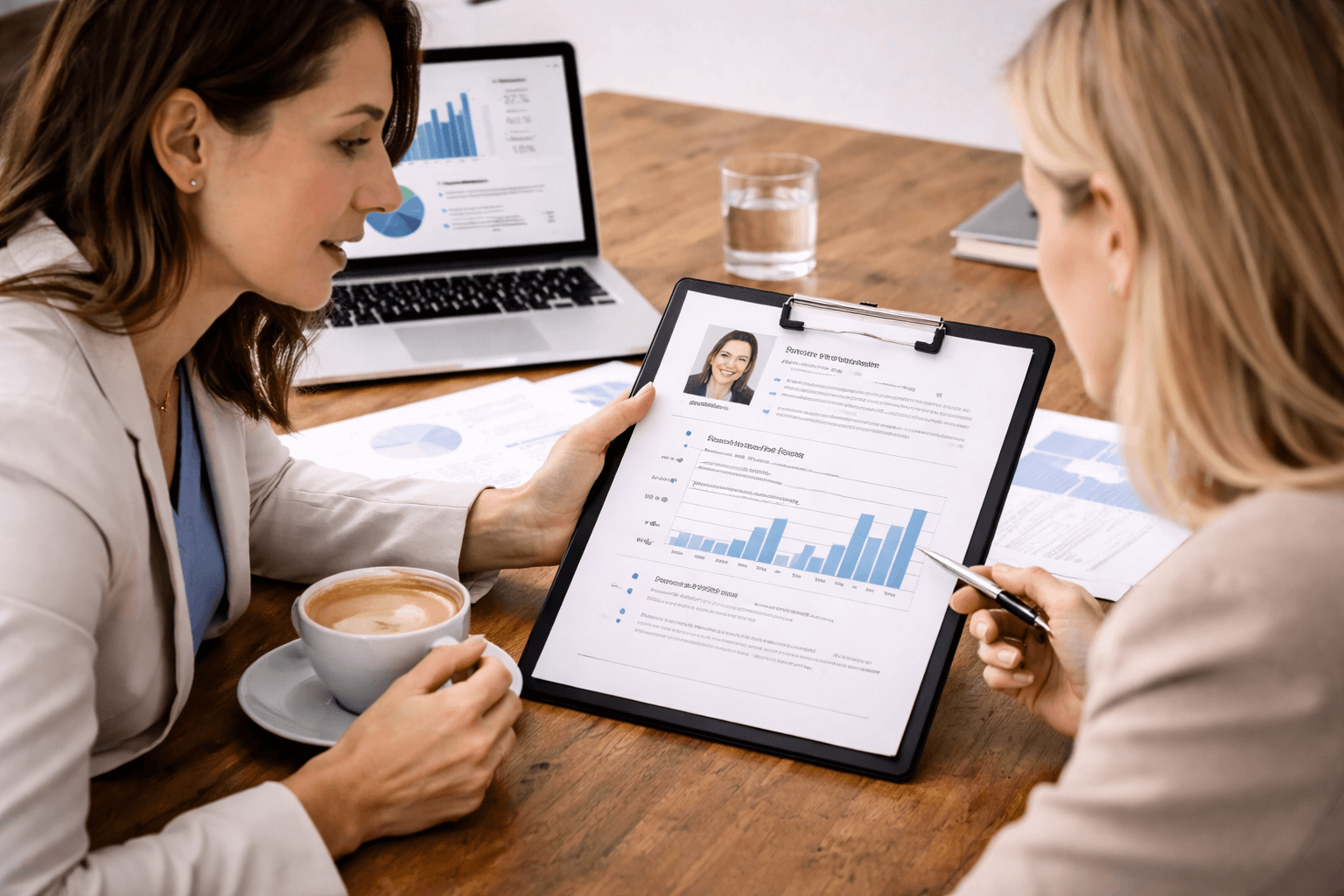 Two women sit at a desk reviewing printed charts and a resume, with a laptop displaying graphs and coffee cups on the table.