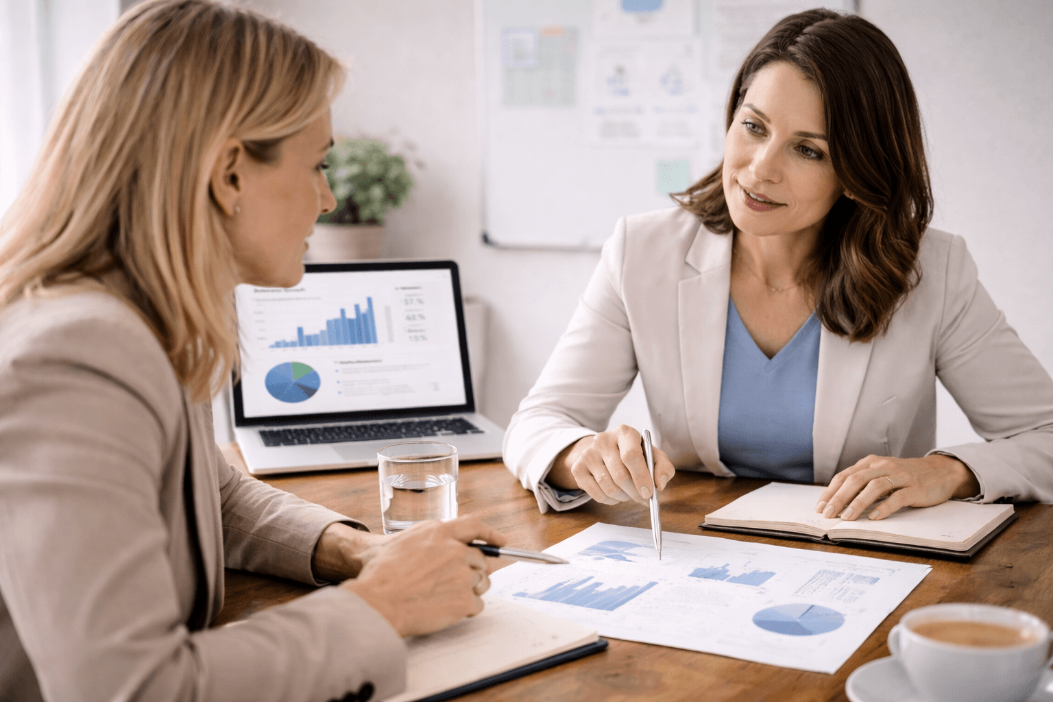 Two women in business attire discuss charts and graphs at a desk with documents, a laptop displaying data, notebooks, and drinks.