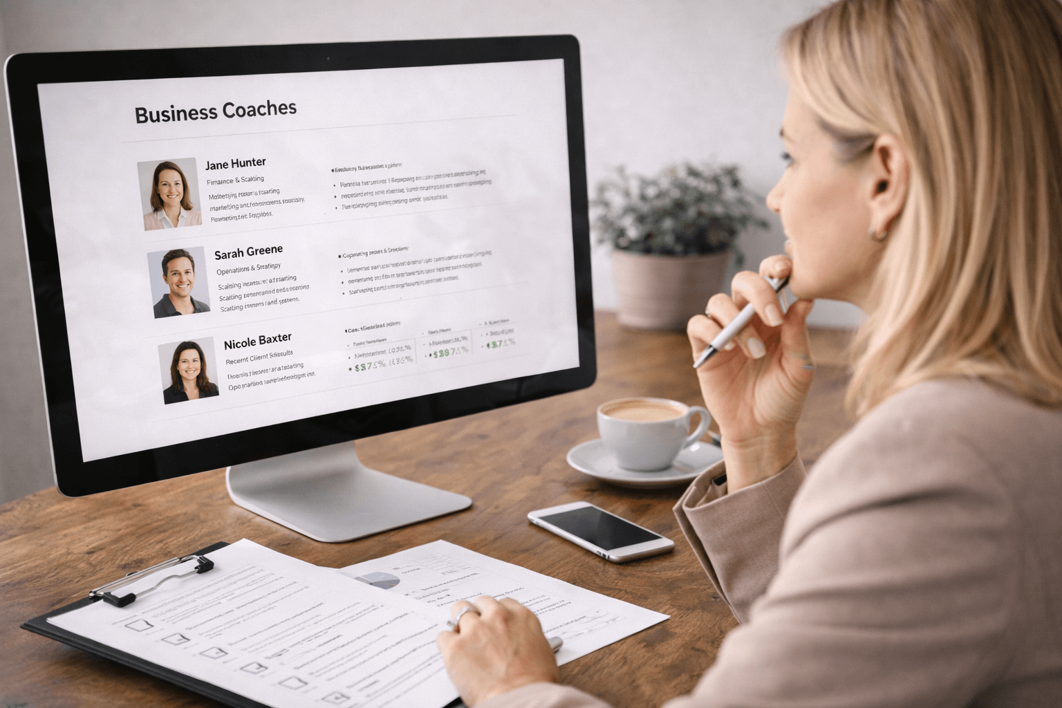 A woman in business attire reviews a list of business coaches on a desktop computer, with documents, a pen, a smartphone, and a cup of coffee on her desk.