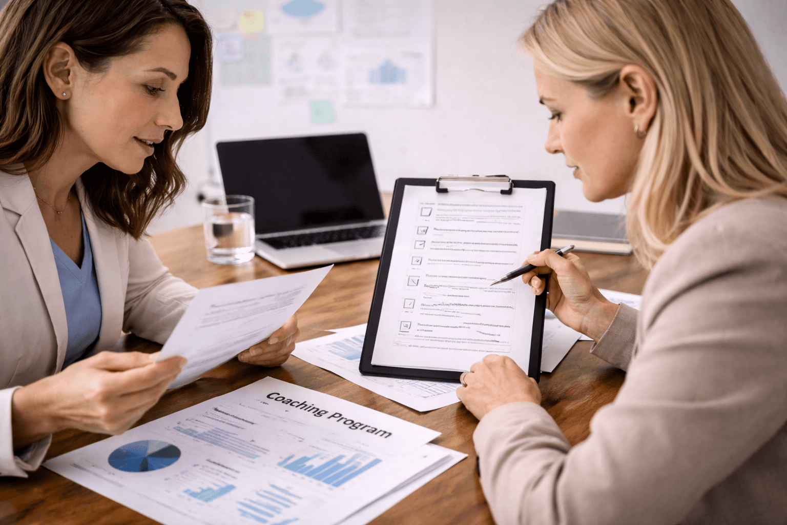 Two women sit at a desk reviewing documents and charts; one points to a checklist on a clipboard, while printed graphs and papers are spread out between them.