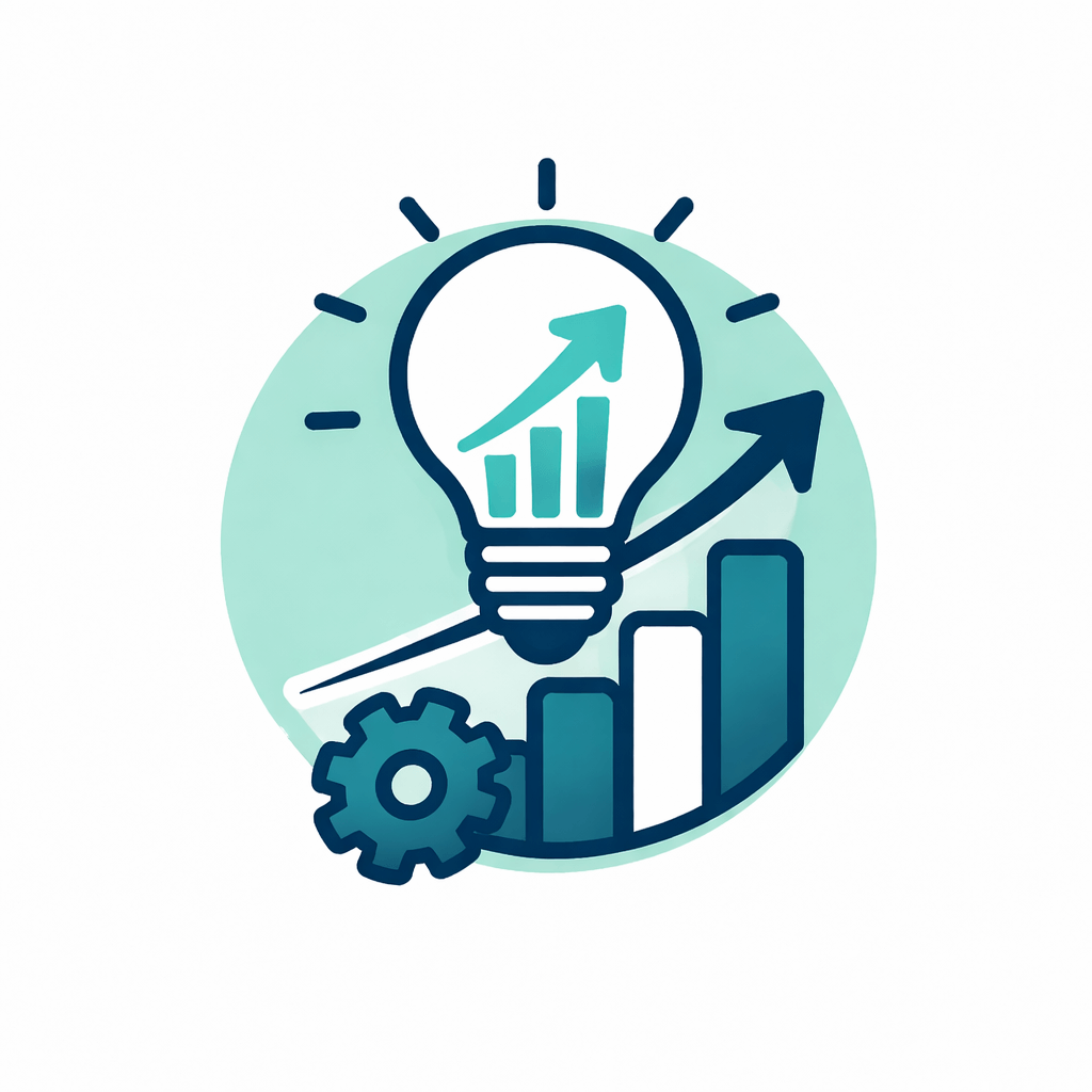 Illustration of a lightbulb with an upward arrow, a bar graph, and a gear, symbolizing growth, innovation, and progress through effective business coaching.