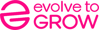 A pink stylized "e" icon sits beside the words "evolve to GROW" in bold pink font, representing a business coach for entrepreneurs Australia on a clean white background.
