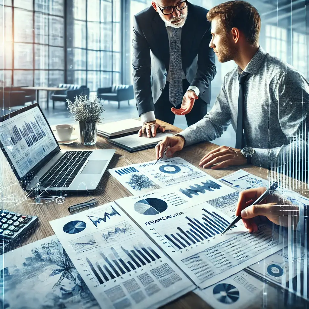 Two men in business attire analyze financial charts and graphs on a laptop and documents at a desk in a modern office setting.