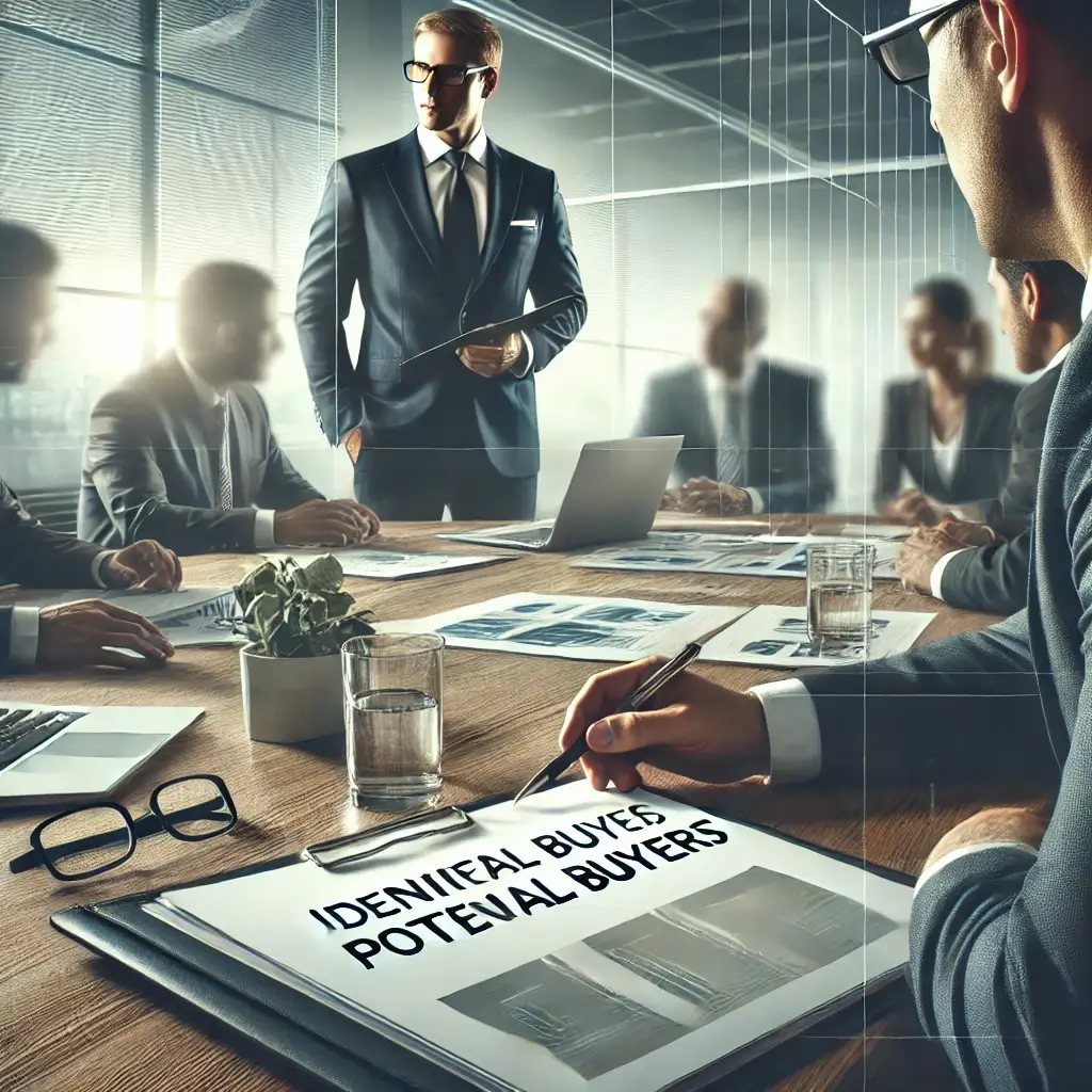Business meeting in a modern office with a focus on a binder labeled "Identify Potential Buyers." A man in a suit stands while others sit around the conference table.
