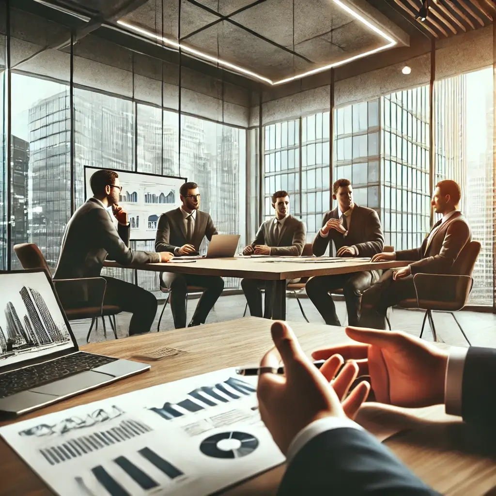 Business meeting in a modern office with five professionals seated around a large table discussing documents and graphs, with city skyscrapers visible through floor-to-ceiling windows.