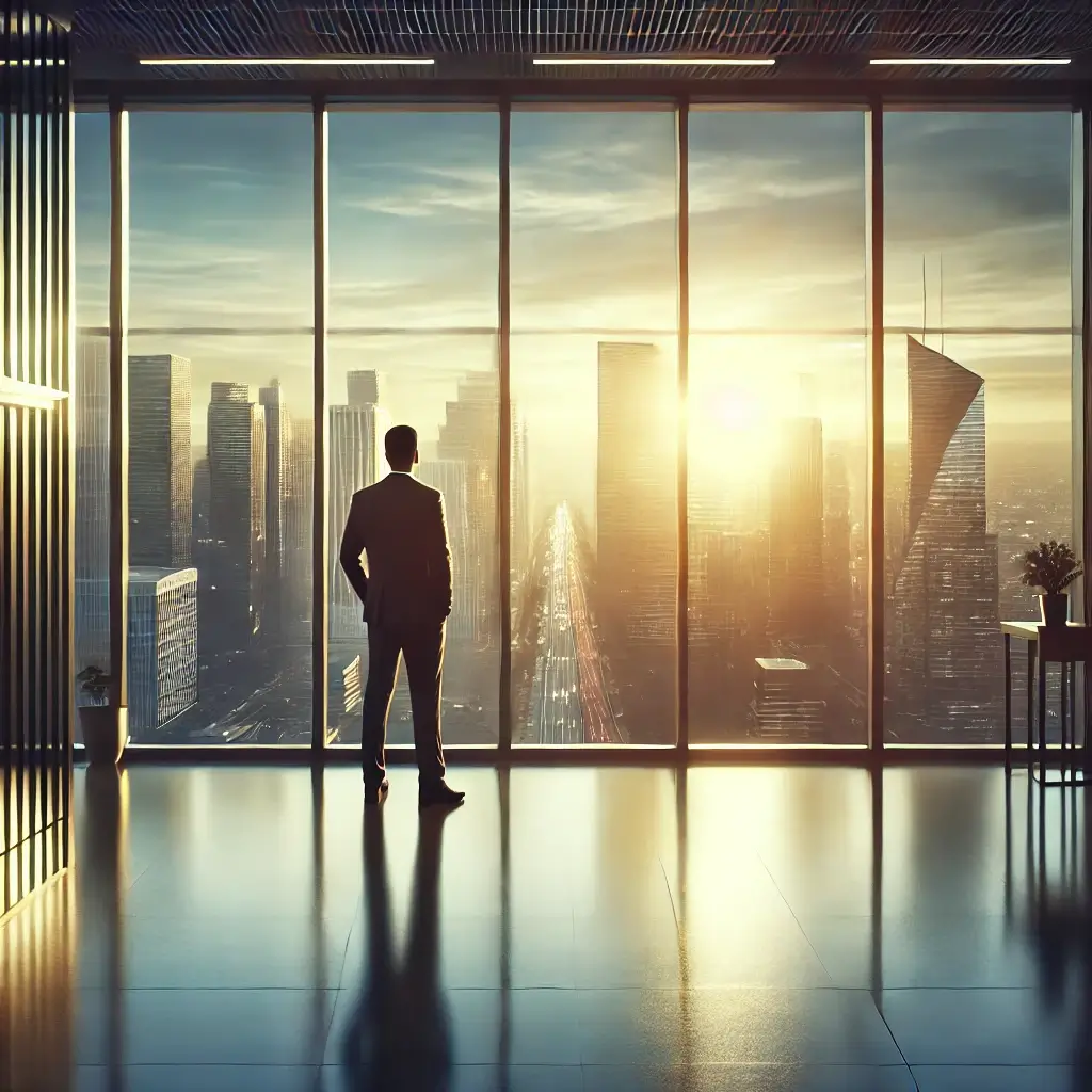 A man in a suit stands by a large window in a high-rise building, overlooking a cityscape at sunset.