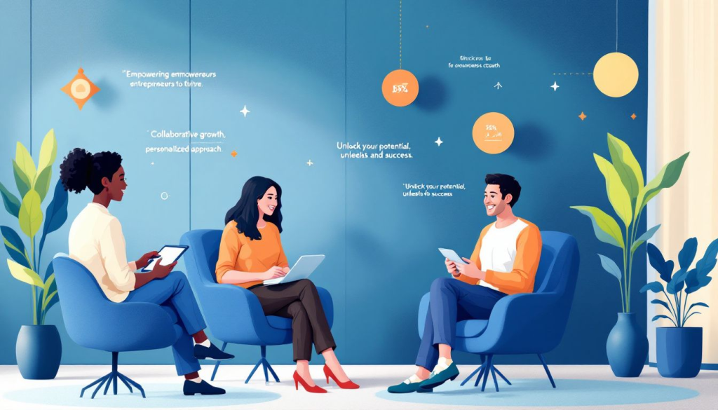Three people seated in a modern office setting, engaged in group business coaching with digital devices. The wall features business growth-related graphics and motivational phrases.