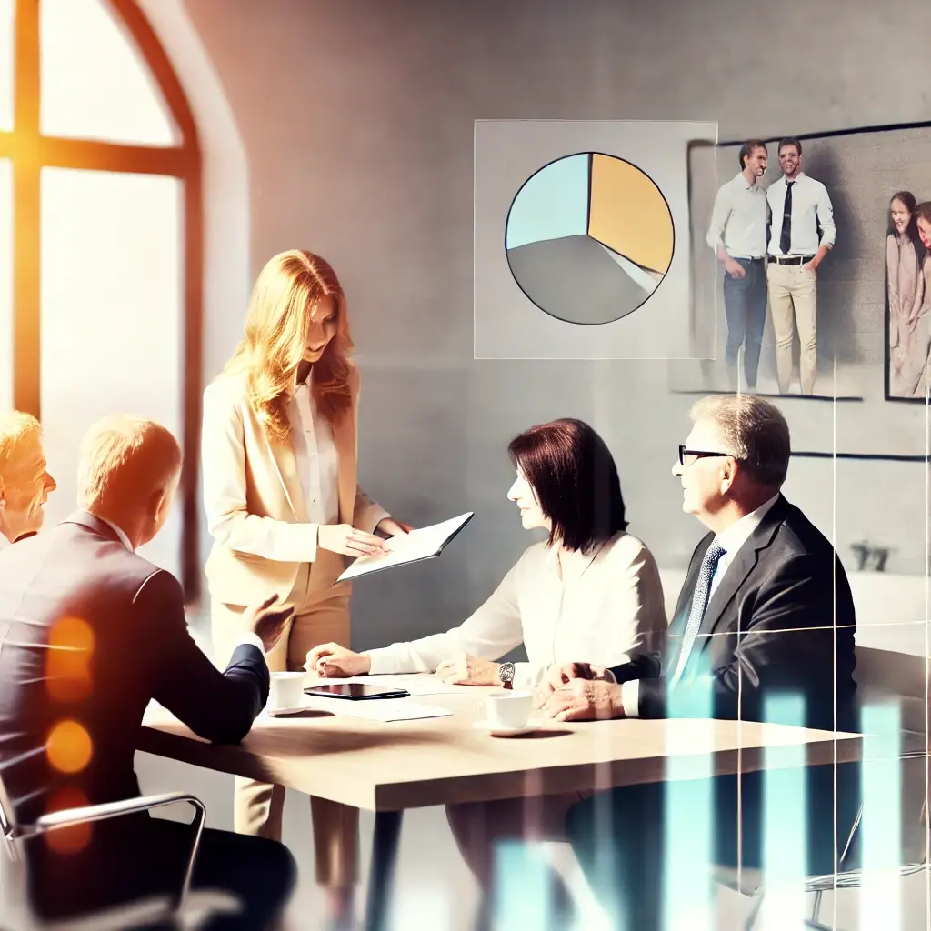In a bright room, five people gather around the table for a business meeting. A woman, embodying the focus of a family business coach, presents documents with a pie chart and photo of people displayed on the wall.